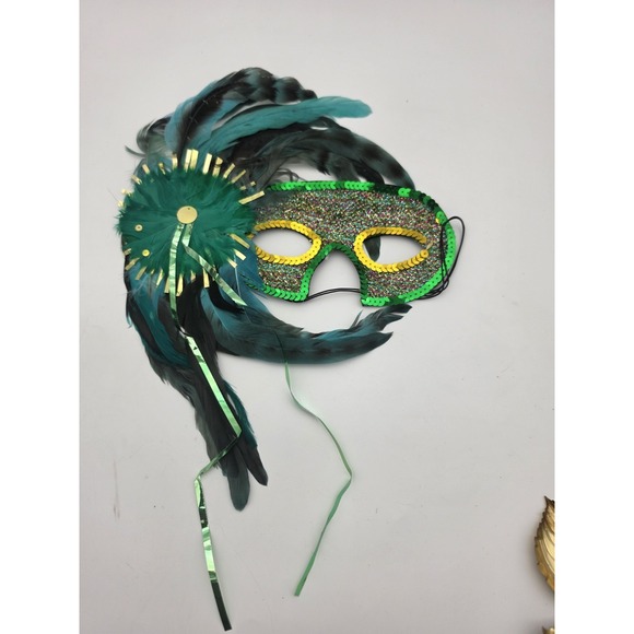Jacobson Hat Accessories - Vtg Mardi Gras Mask Green Lame' Fabric Eye Mask W/ Sequin & Feathers